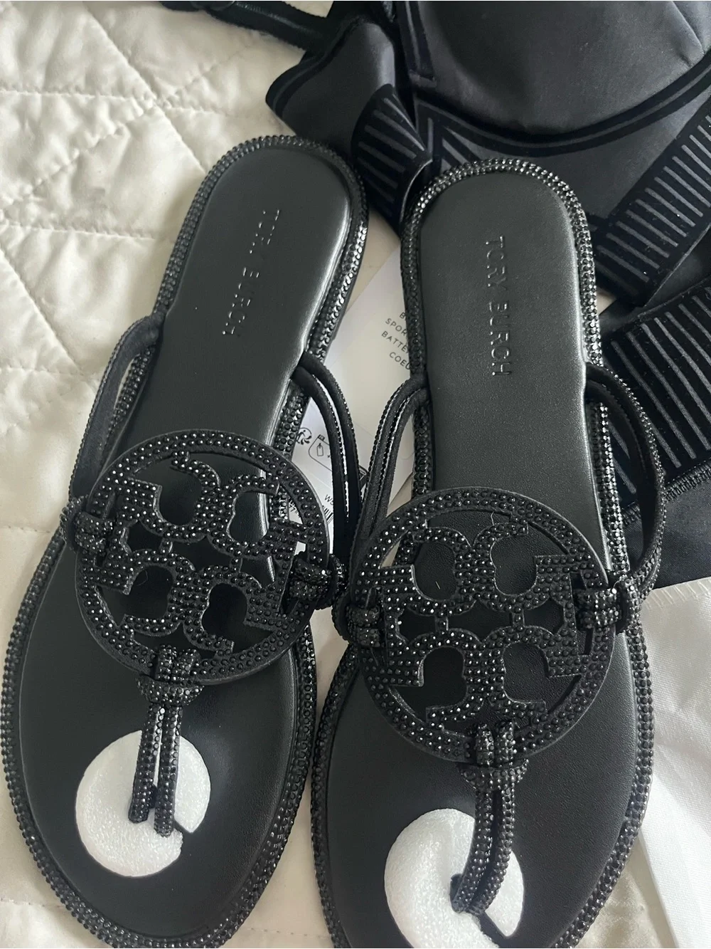 Tory Burch Black Glitter Logo Thong Sandals